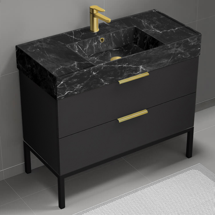 Nameeks DERIN898 40 Inch Bathroom Vanity With Black Marble Design Sink, Floor Standing, Modern, Matte Black